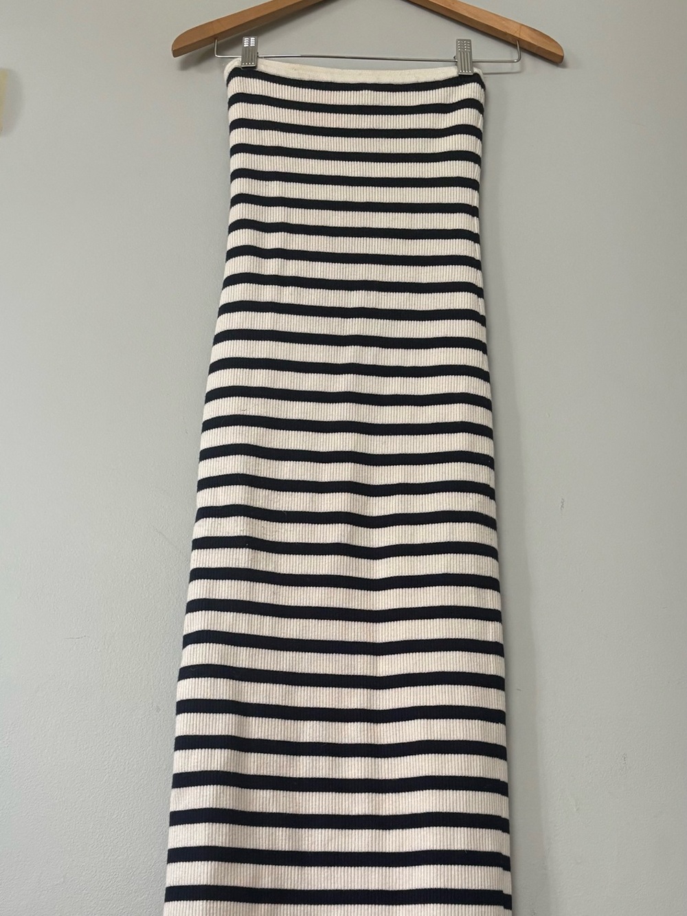 Edikted Navy Blie and White Striped Ribbed Maxi Skirt